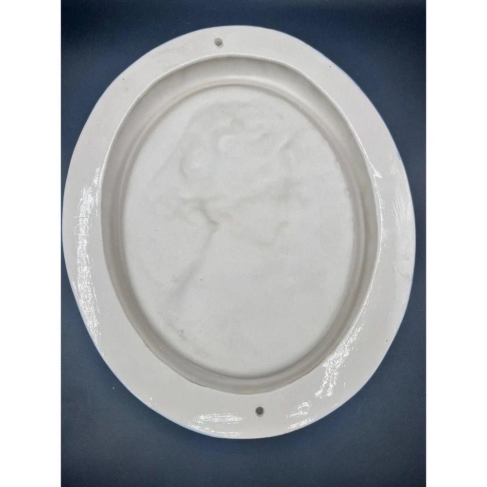 Pair Vtg Chalkware Cameo Wall Plaques Blue‎ White Oval Relief Portraits 12x10.5